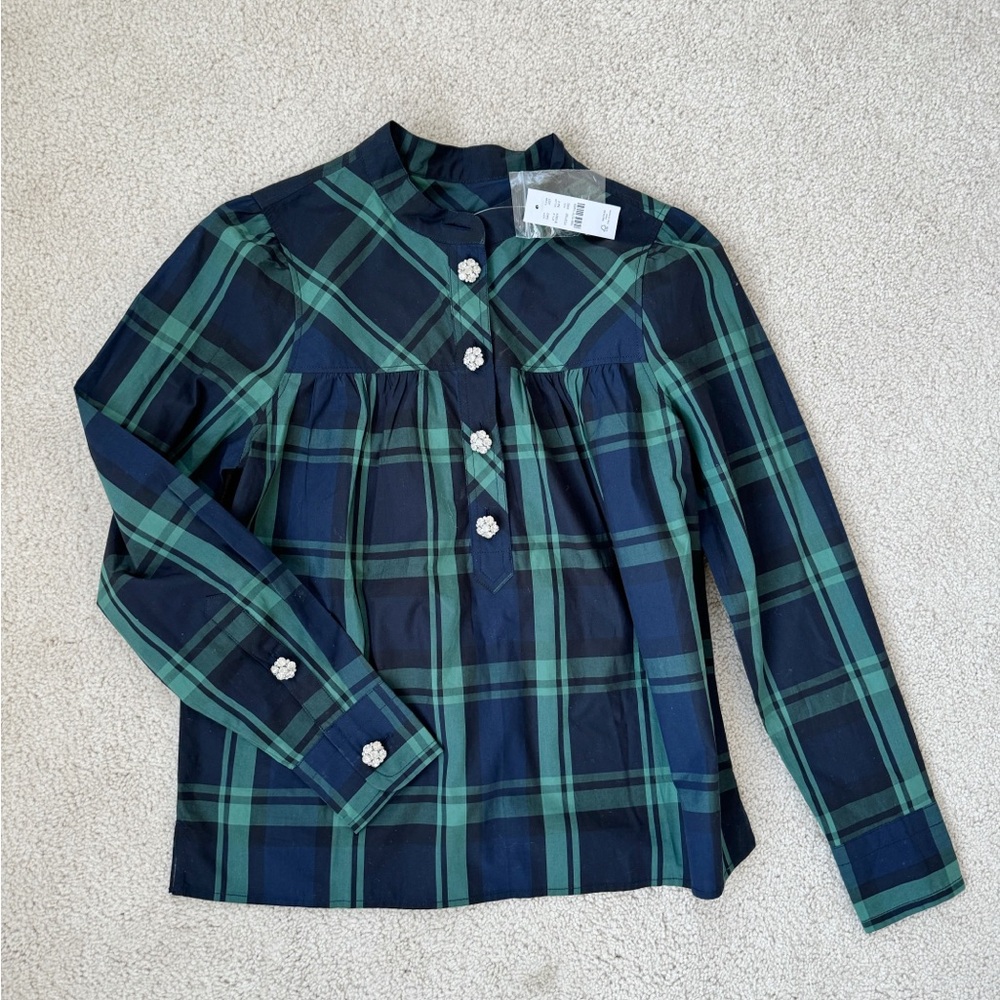 J. Crew Plaid Top with Jewel Buttons